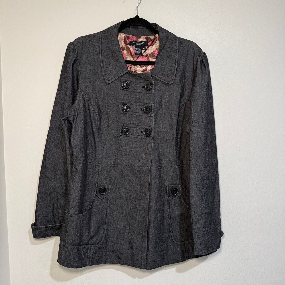 Sandro Gray Black Cotton Blend Military Style Jacket Women XL Button Front